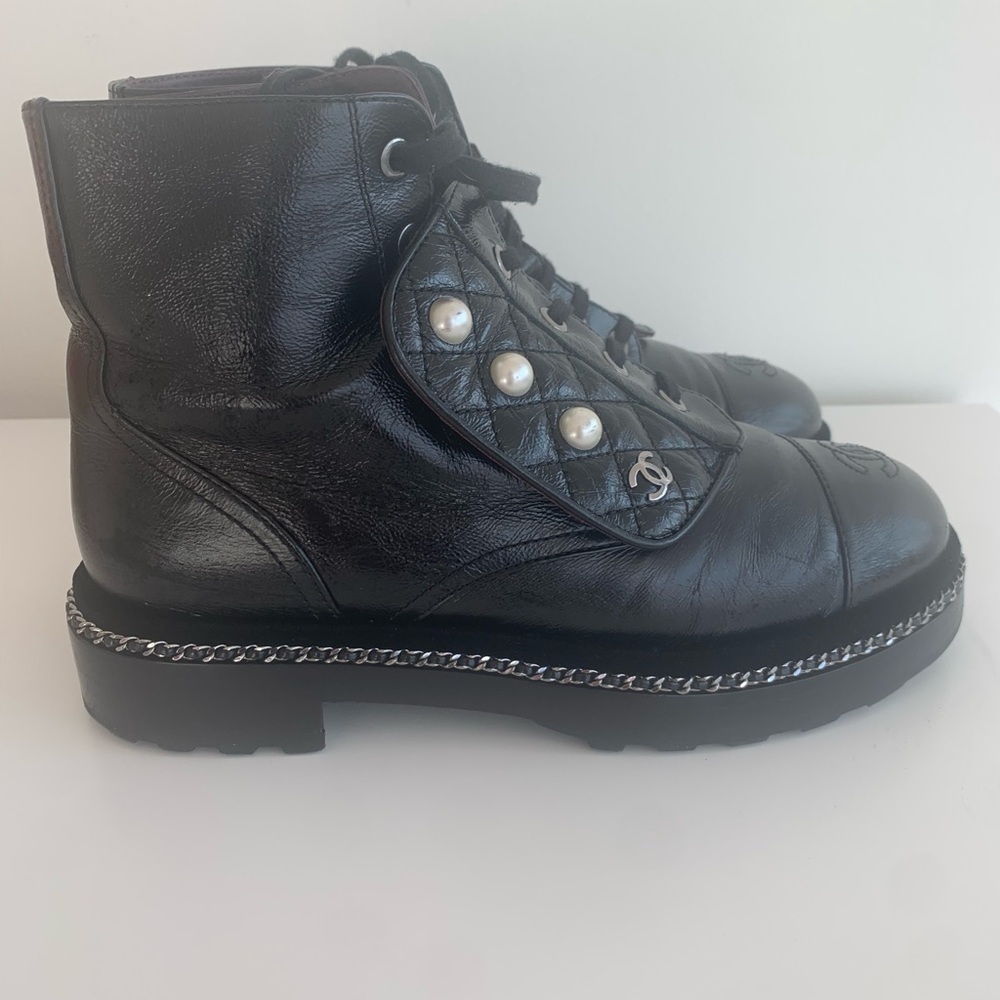 Chanel boots with silver chain and pearl detail
